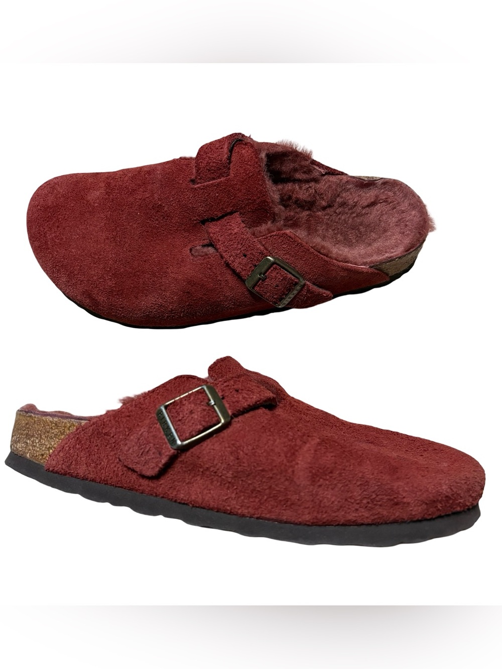 Birkenstock Boston burgundy suede clogs fur lined